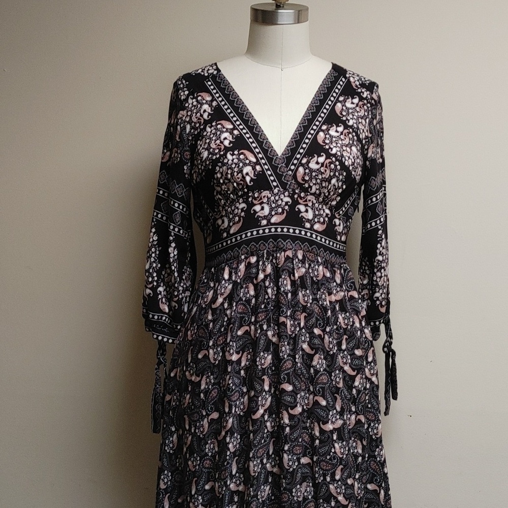 Caroline Morgan Australia Maxi Dress V-Neck Empire Waist Ruffled Hem Black Small - Picture 3 of 14